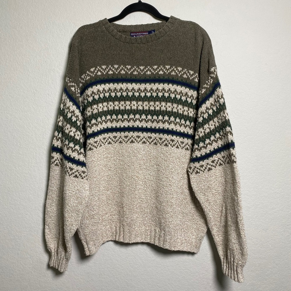 Roundtree‎ and Yorke Mens Fair Isle Knit Sweater Large Green Beige Grandpa core